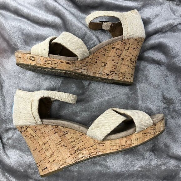 TOMS Natural Sierra Canvas Burlap Crisscross Open Toe Cork Wedge Sandals Sz 9.5 - Picture 6 of 11